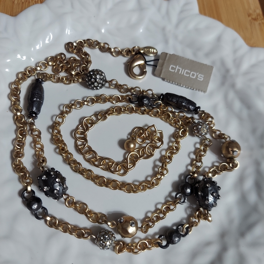 Chico's Frosted Gold Tone/Black Fresh Water Pearl & Pave' Station Necklace